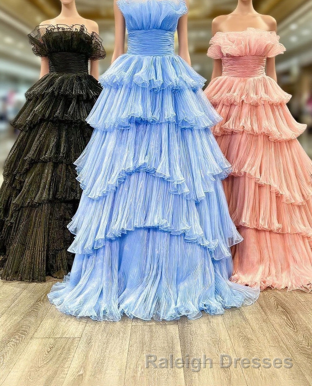Candy Pink Tulle A-line Strapless Ruffles layers Long Prom Dress Main image