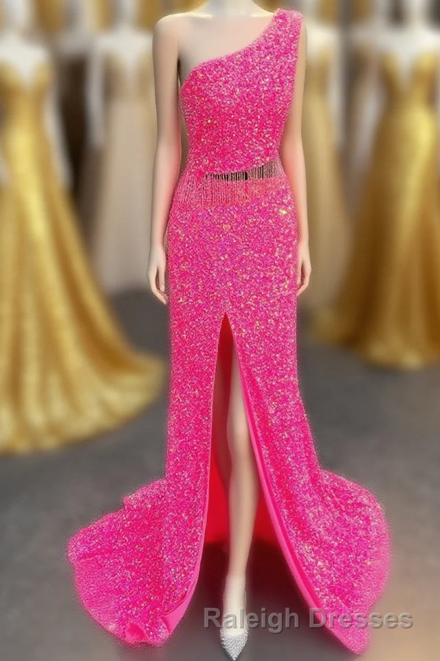 Fuchsia One Shoulder Sequins Tassels Cut-Out Long Prom Dress with Slit Main image