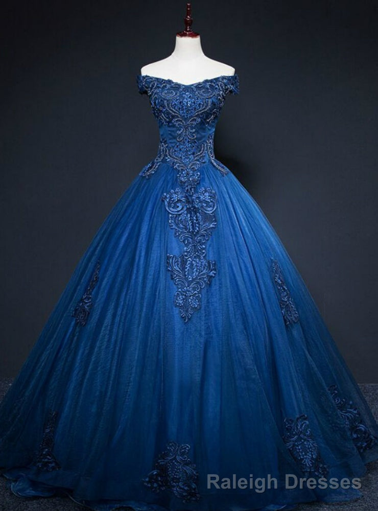 Shops Around The World Navy Blue Tulle Appliques Off the Shoulder Beading Quinceanera Dress