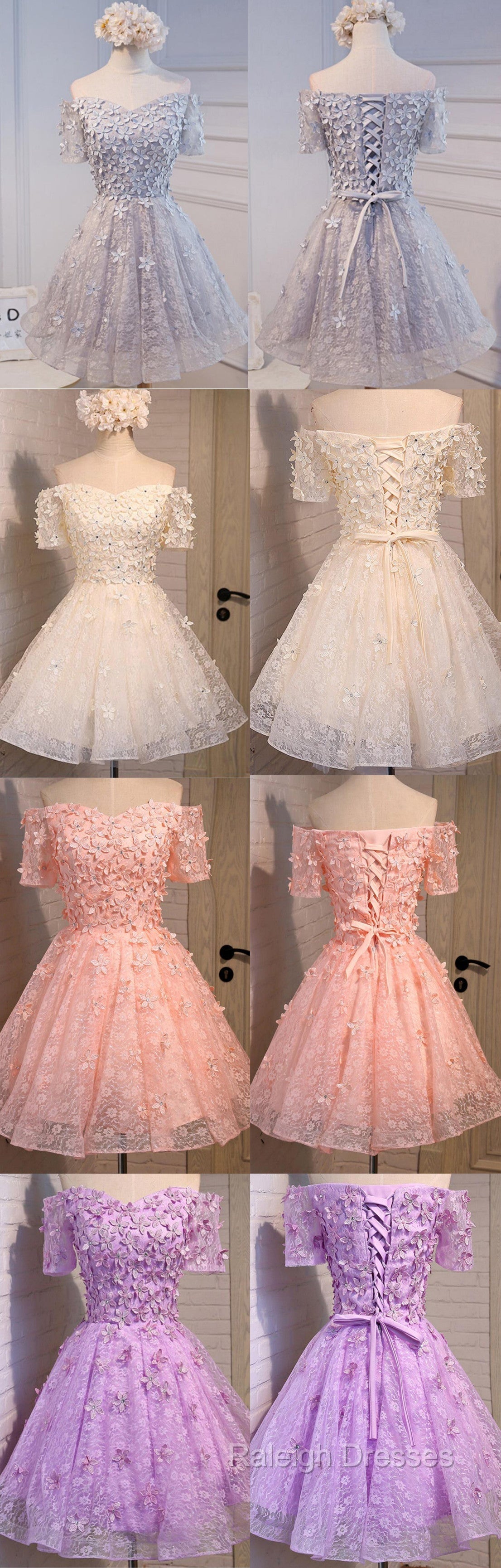 Short A-Line Junior Cute Off Shoulder Full Lace Appliques Beads Sweetheart Lace Up Back Homecoming Dress