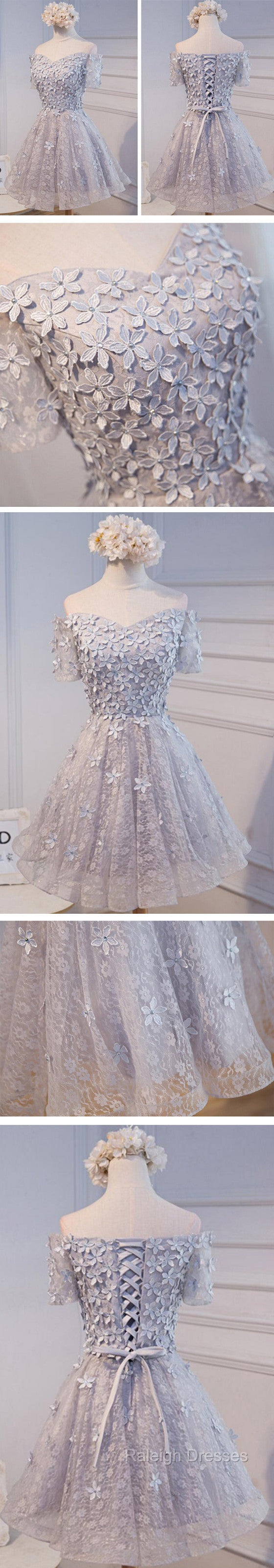 Short A-Line Junior Cute Off Shoulder Full Lace Appliques Beads Sweetheart Lace Up Back Homecoming Dress