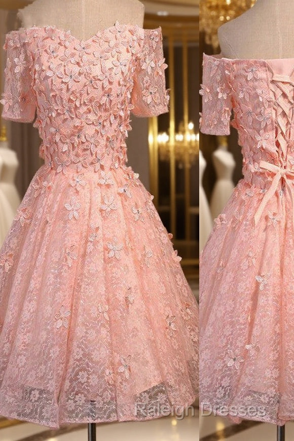 Short A-Line Junior Cute Off Shoulder Full Lace Appliques Beads Sweetheart Lace Up Back Homecoming Dress Main image