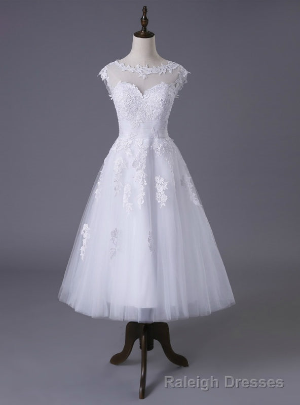 Short A Line Tea Length Tulle Appliques Lace Wedding Dresses