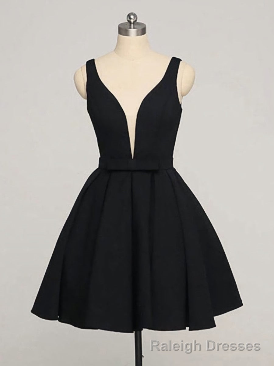 Short A Line V Neck Black Prom Dresses, Black V Neck Short Graduation Homecoming Dresses
