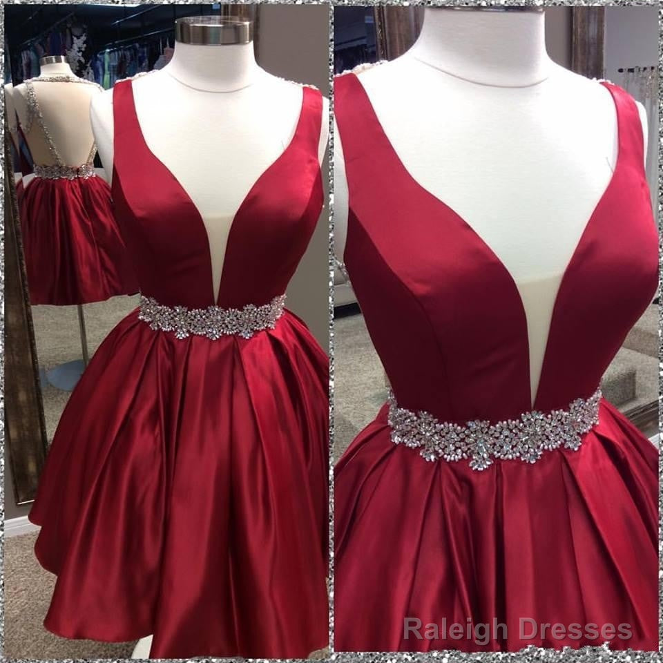Short A Line V Neck Red Backless Prom Dress, Short Red Backless Homecoming Dress, Formal Dress