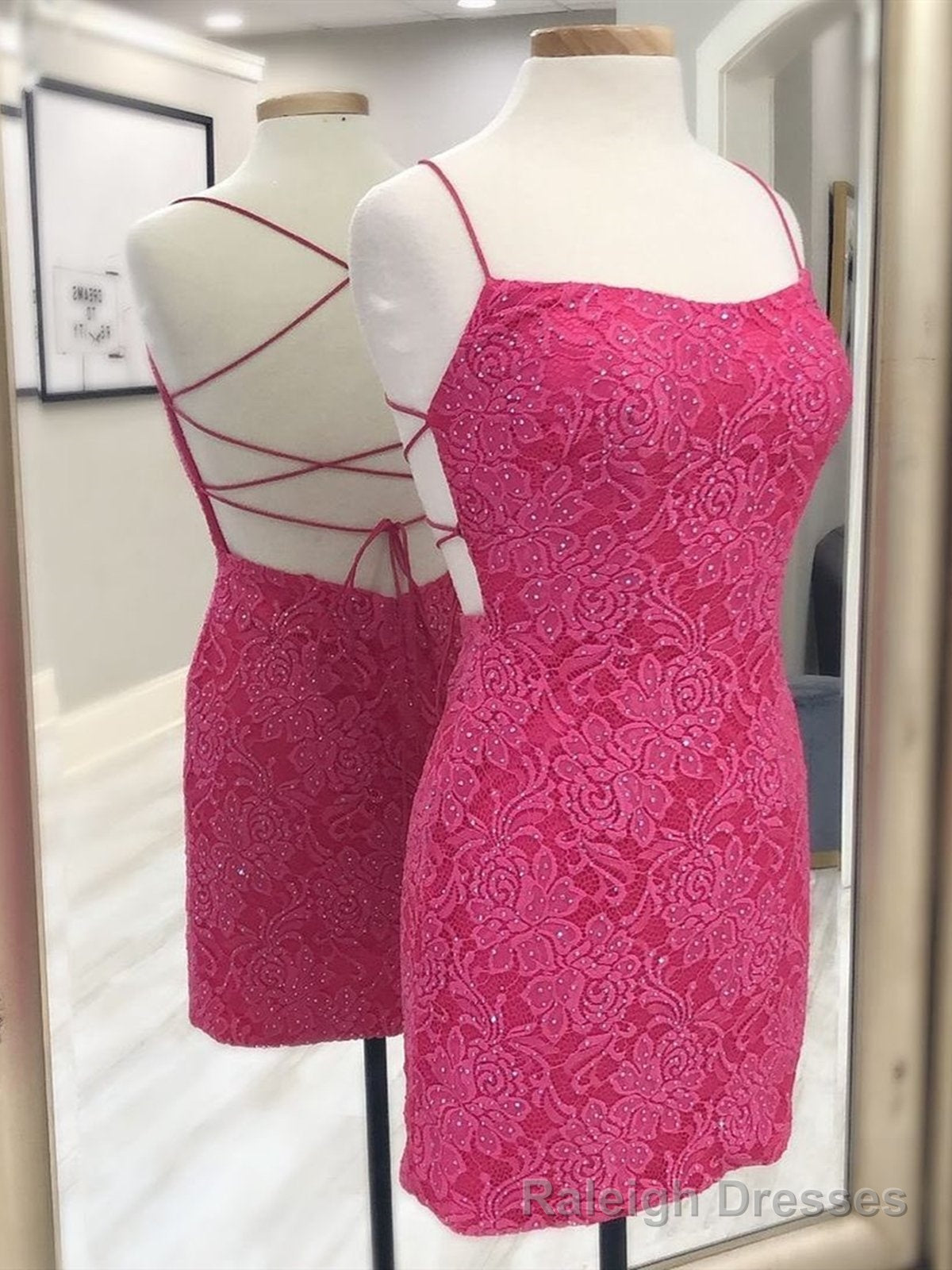 Short Backless Pink Lace Prom Dresses, Short Open Back Lace Graduation Homecoming Dresses Main image