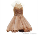 Short Beaded Halter Organza Ruffles Champagne Homecoming Dress