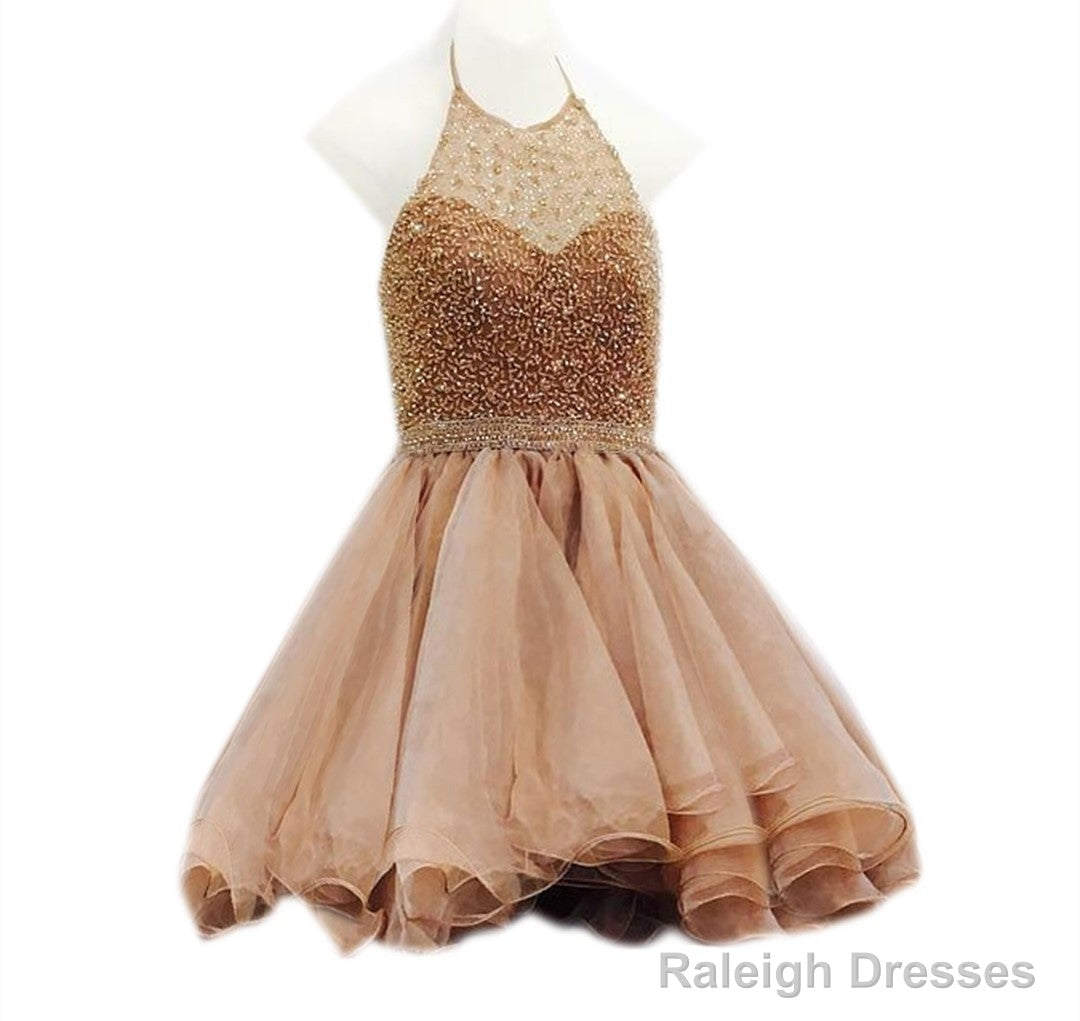 Short Beaded Halter Organza Ruffles Champagne Homecoming Dress