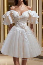 Short Beige Prom Dresses, Beige Tulle Lace Homecoming Dresses