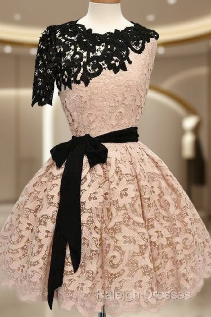 Short Black Champagne Lace Prom Dress Short Black Champagne Lace Graduation Homecoming Dress Main image