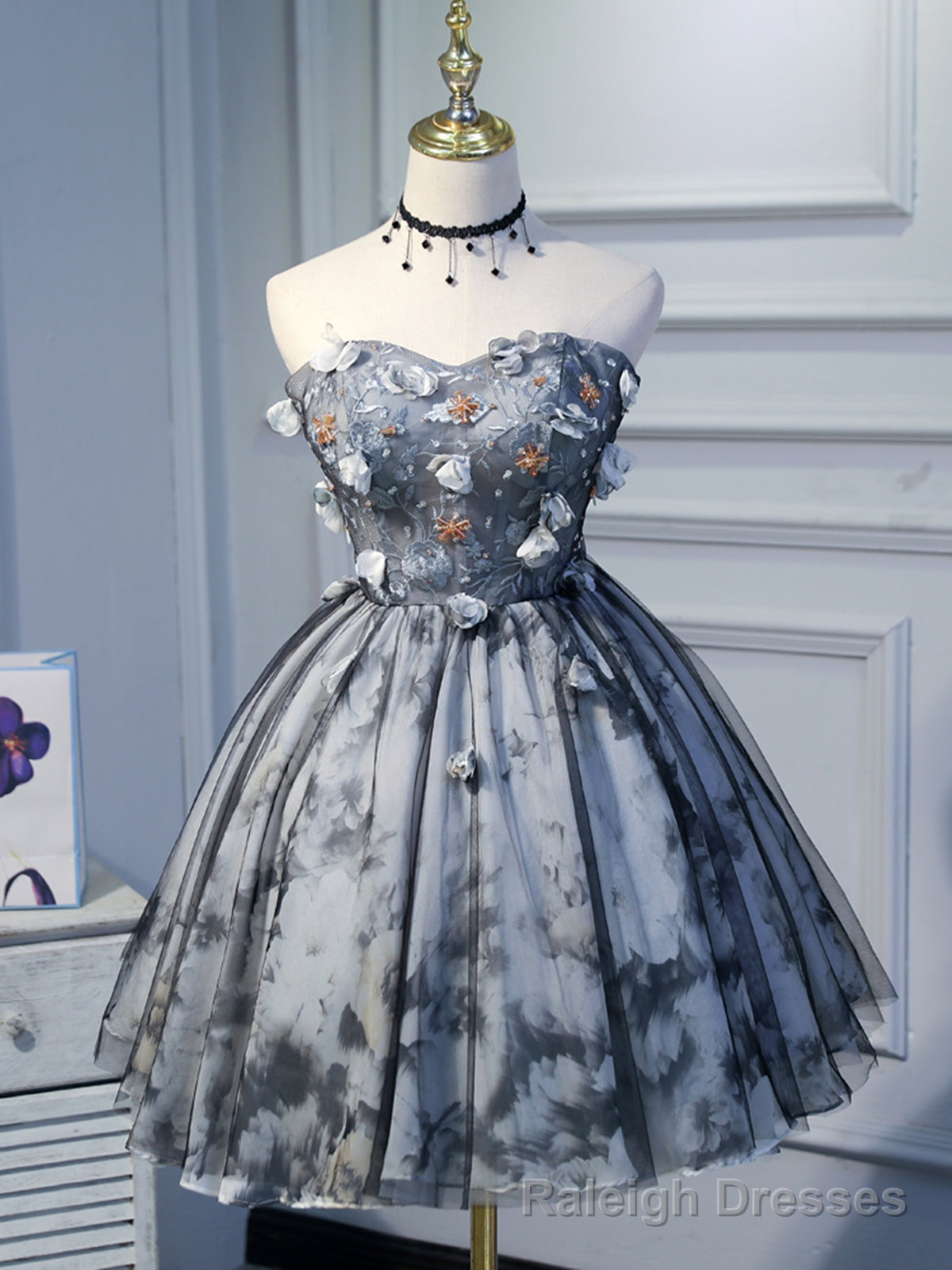 Short Black Floral Prom Dresses, Short Black Floral Formal Homecoming Dresses, Little Black Dresses Main image