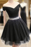 Short Black Tulle Off The Shoulder Dress Beaded Sashes