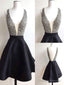 Short Black V Neck Prom Dresses With Beaded Bodice, Black Short Homecoming Dresses, Graduation Dresses