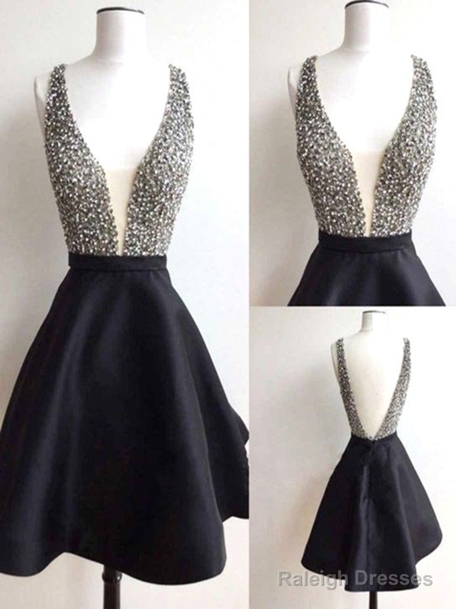Short Black V Neck Prom Dress With Beaded Bodice Black Short Homecoming Dress Graduation Dress Main image