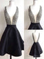 Short Black V Neck Prom Dress With Beaded Bodice Black Short Homecoming Dress Graduation Dress