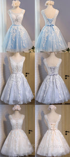 Short Blue Floral Prints Appliques Sleeveless Scoop Neckline Lace Up Back For Teen Lovely Homecoming Dress