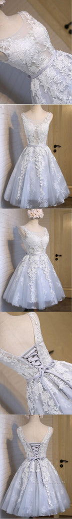 Short Blue Floral Prints Appliques Sleeveless Scoop Neckline Lace Up Back For Teen Lovely Homecoming Dress