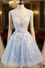 Short Blue Floral Prints Appliques Sleeveless Scoop Neckline Lace Up Back For Teen Lovely Homecoming Dress