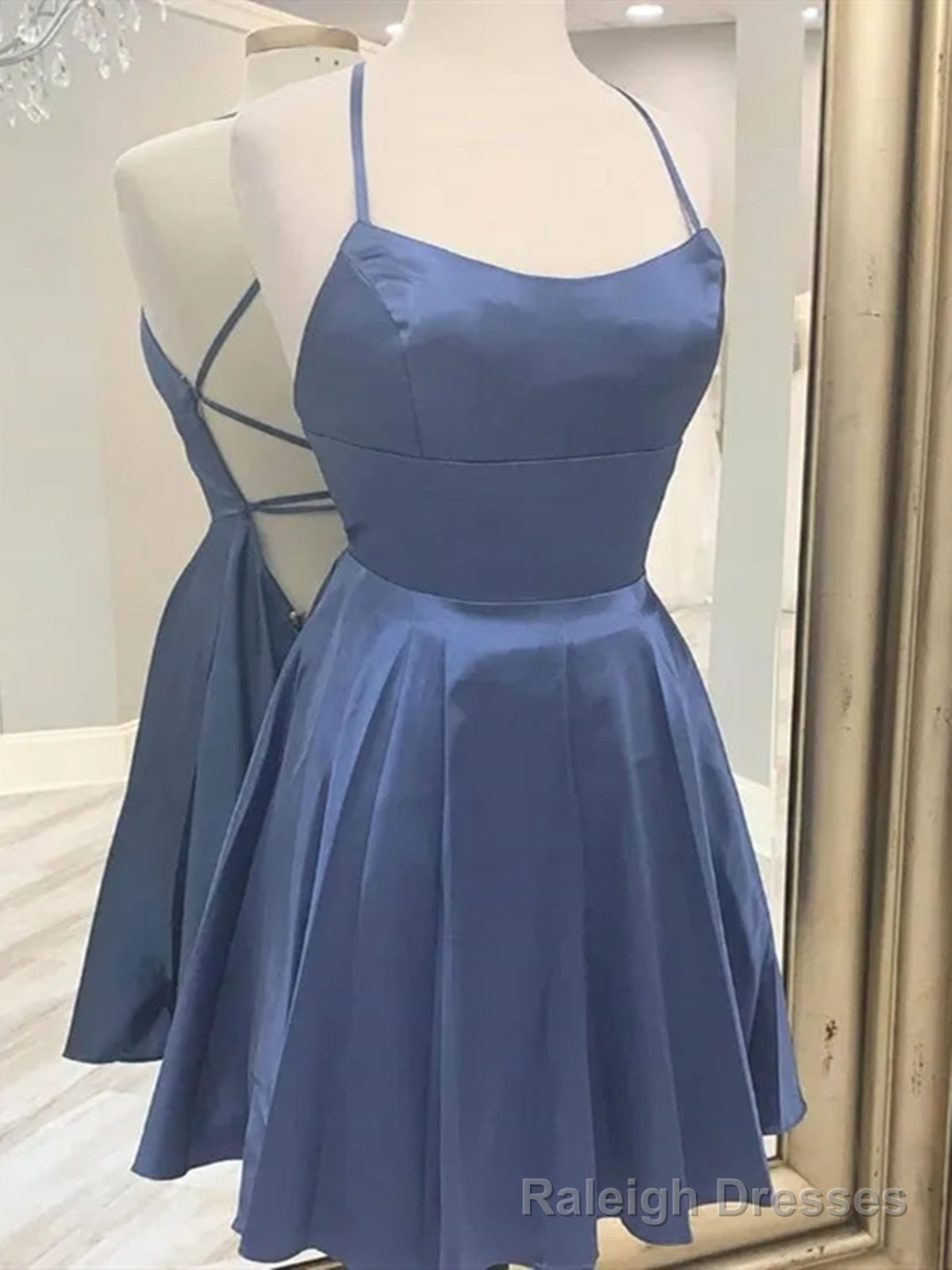 Short Blue Gray Backless Prom Dresses, Open Back Blue Gray Short Formal Homecoming Dresses Main image