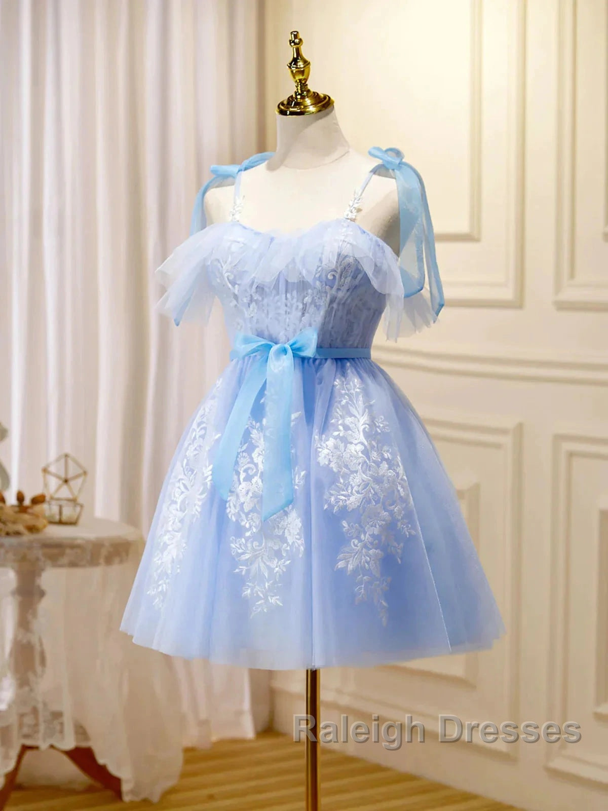 Short Blue Lace Prom Dresses, Short Blue Lace Formal Graduation Dresse
