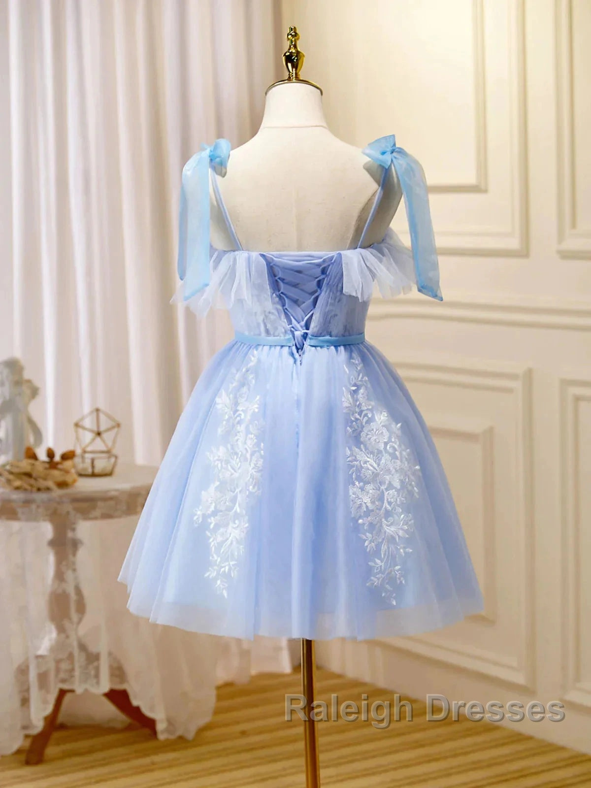 Short Blue Lace Prom Dresses, Short Blue Lace Formal Graduation Dresses