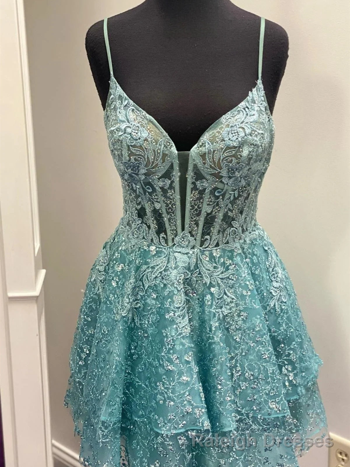 Short Blue Lace Prom Dresses, Short Blue Lace Formal Homecoming Dresses Main image