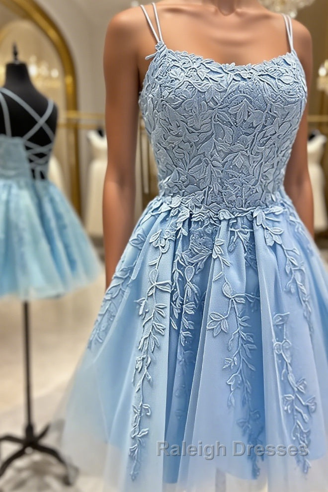 Short Blue Lace Prom Dressses, Short Blue Lace Formal Homecoming Dresses