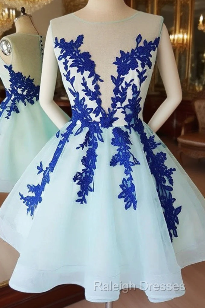 Short Blue Lace Tulle Prom Dresses, Short Blue Lace Homecoming Graduation Dresses