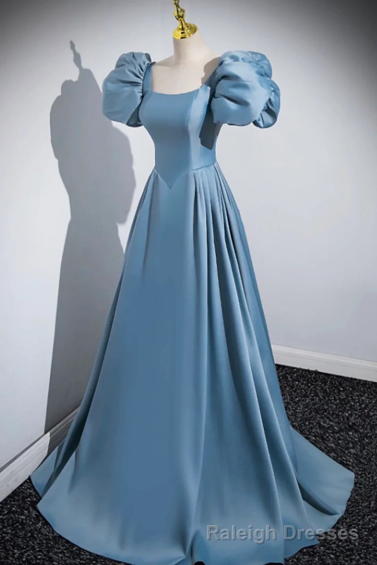 Short Blue Satin Long Prom Dresses, Short Blue Satin Long Formal Prom Dresses
