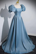 Short Blue Satin Long Prom Dresses, Short Blue Satin Long Formal Prom Dresses