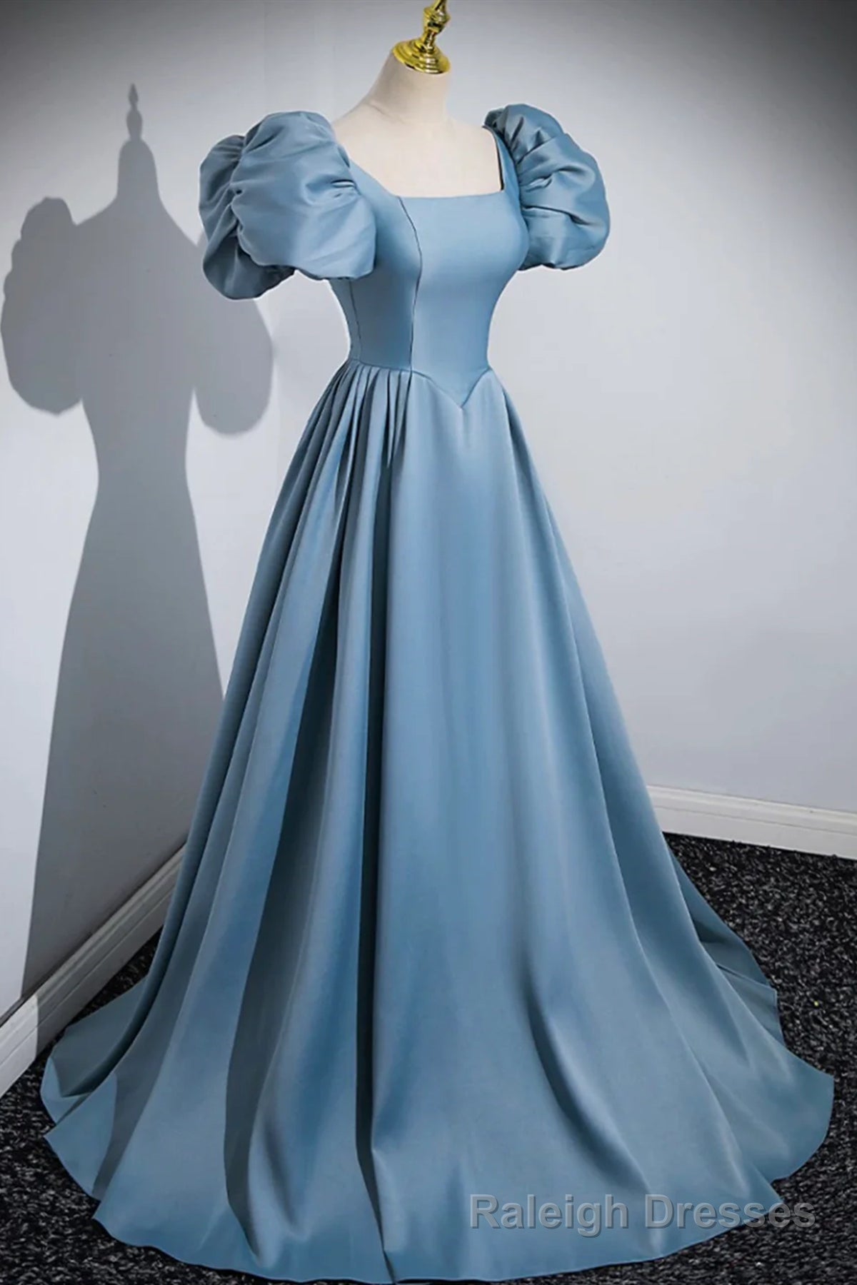 Short Blue Satin Long Prom Dresses, Short Blue Satin Long Formal Prom Dresses