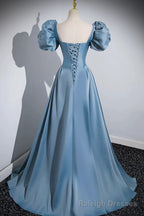 Short Blue Satin Long Prom Dresses, Short Blue Satin Long Formal Prom Dresses