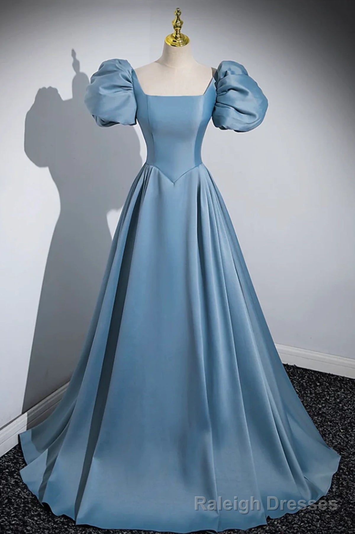 Short Blue Satin Long Prom Dresses, Short Blue Satin Long Formal Prom Dresses Main image