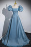 Short Blue Satin Long Prom Dresses, Short Blue Satin Long Formal Prom Dresses