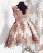 Short Blush Lace Flowers Embroidery V-Neck Cocktail Dresses