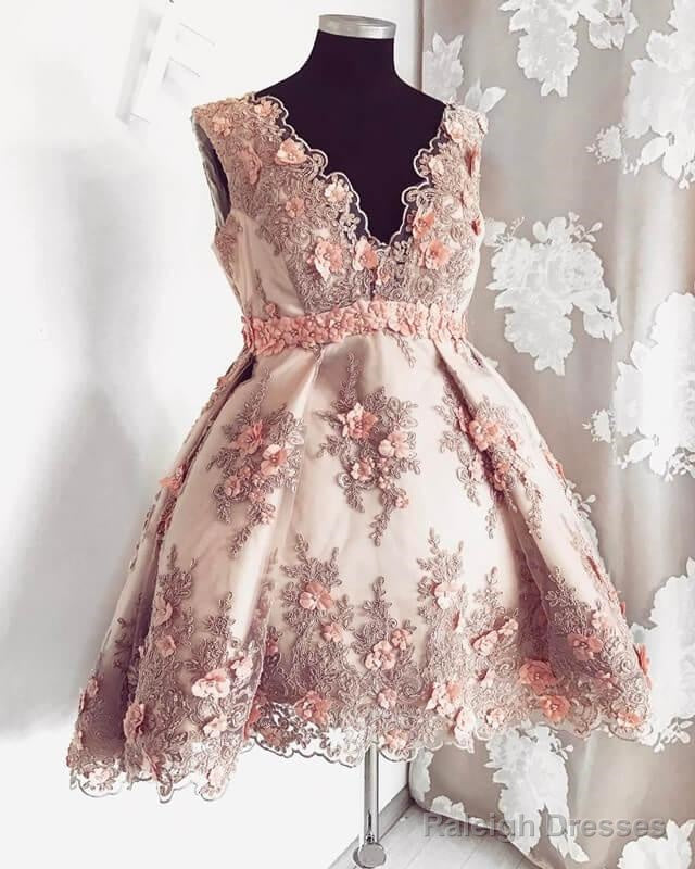 Short Blush Lace Flowers Embroidery V-Neck Cocktail Dresses