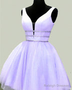 Short Blush Tulle Plunge Neck Homecoming Dresses