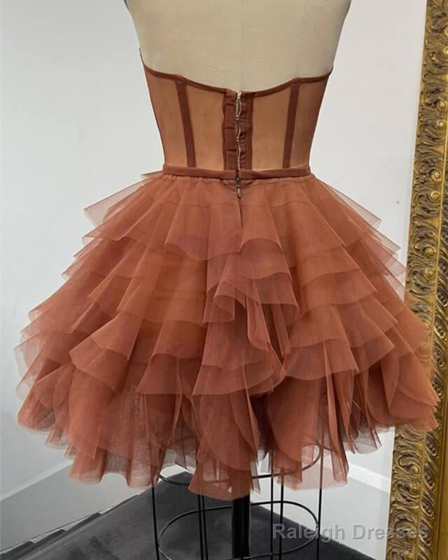 Short Brown Tulle Ruffles Corset Dresses