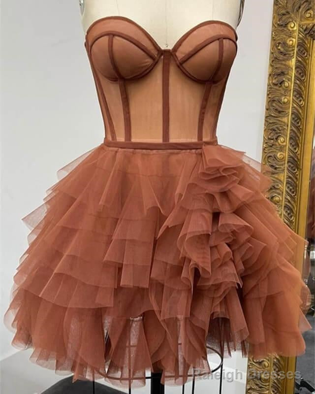 Short Brown Tulle Ruffles Corset Dresses