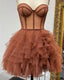 Short Brown Tulle Ruffles Corset Dresses