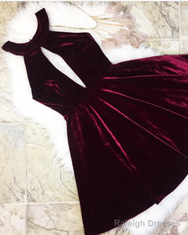 Short Bugundy Velvet Halter Dresses