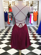 Short Burgundy Backless Prom Dresses, Short Burgundy Backless Formal Graduation Homecoming Dresses