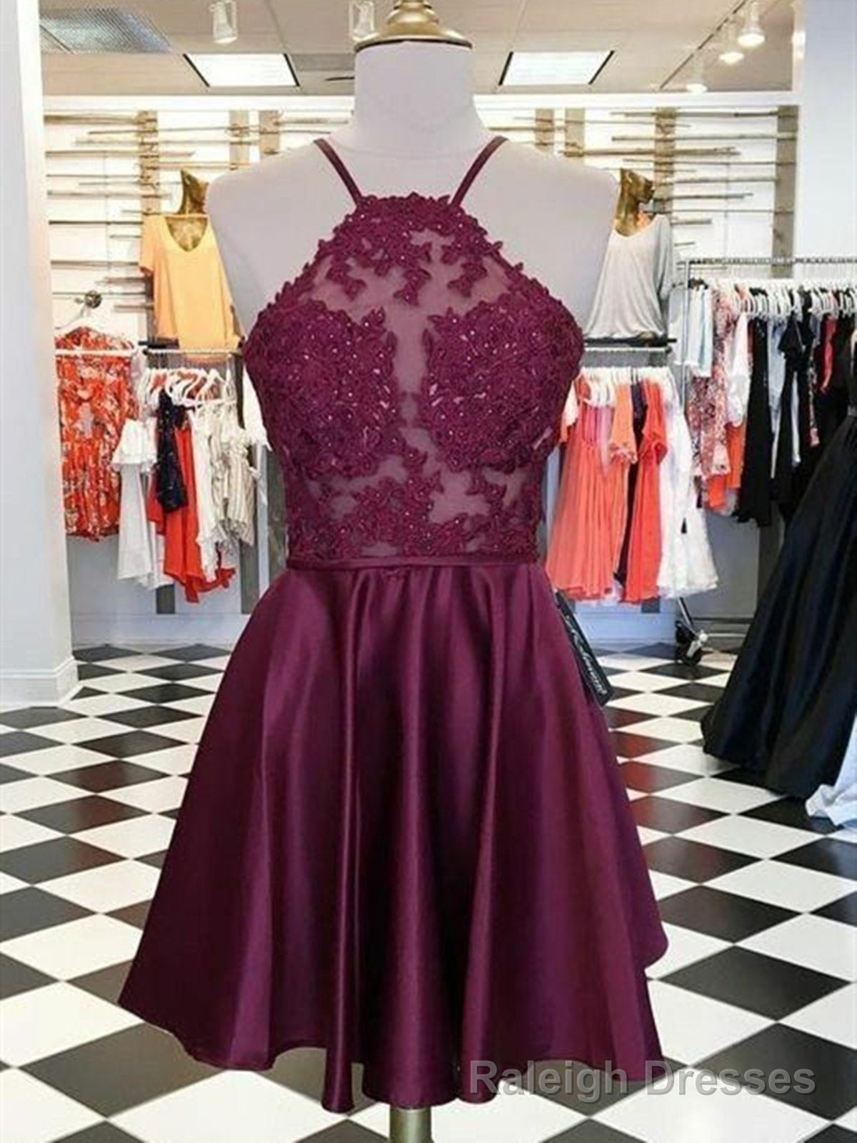Short Burgundy Lace Prom Dresses, Burgundy Lace Formal Homecoming Grad