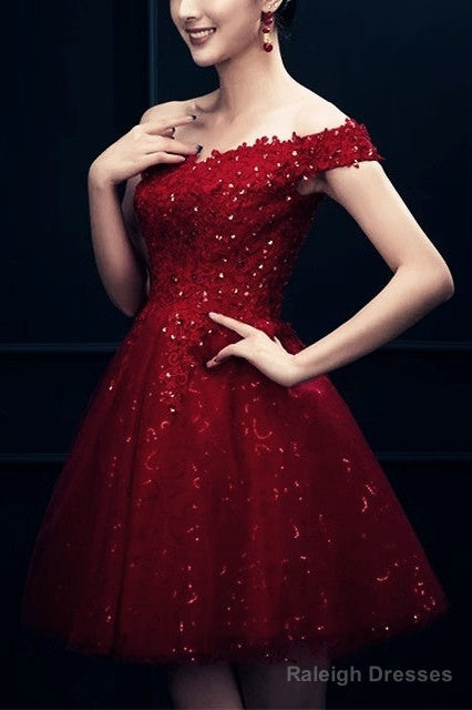 Short Burgundy Prom Dress Sequin Lace