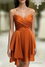 Short Burnt Orange Satin Cocktail Dress V Neck Semi Prom Dresses