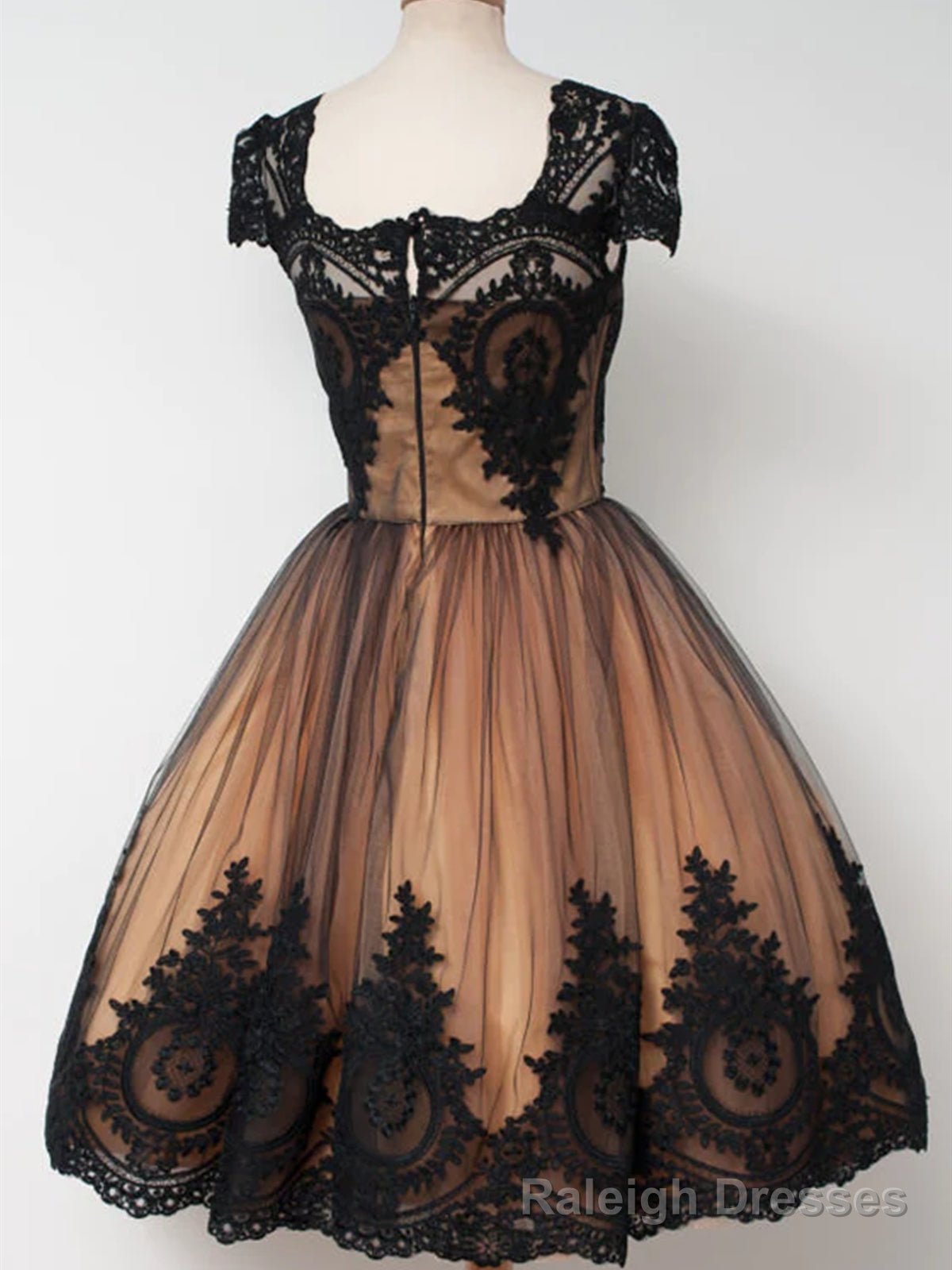 Short Cap Sleeves Black Lace Prom Dresses, Short Black Lace Graduation Homecoming Dresses Main image