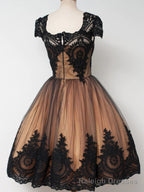 Short Cap Sleeves Black Lace Prom Dresses, Short Black Lace Graduation Homecoming Dresses