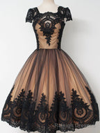Short Cap Sleeves Black Lace Prom Dresses, Short Black Lace Graduation Homecoming Dresses