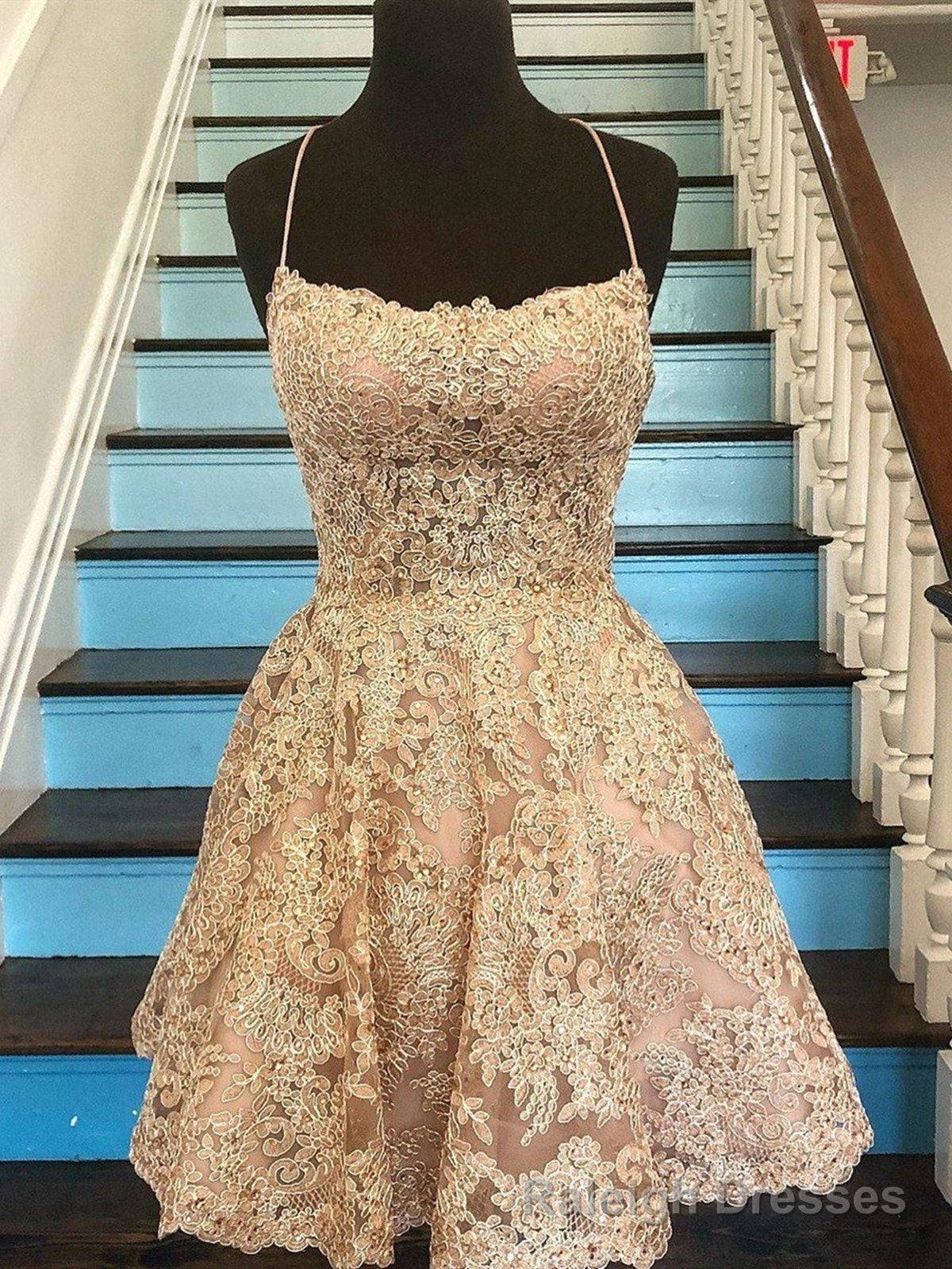 Short Champagne Backless Lace Prom Dresses, Short Lace Formal Graduation Homecoming Dresses Main image