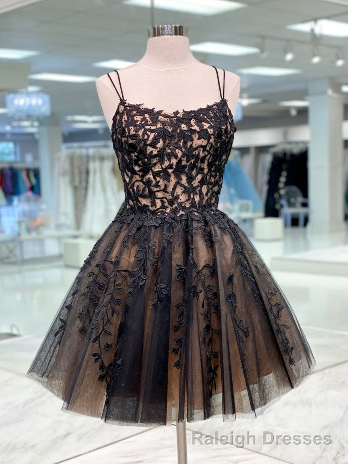 Short Champagne Black Lace Prom Dresses, Short Black Lace Graduation Homecoming Dresses Main image